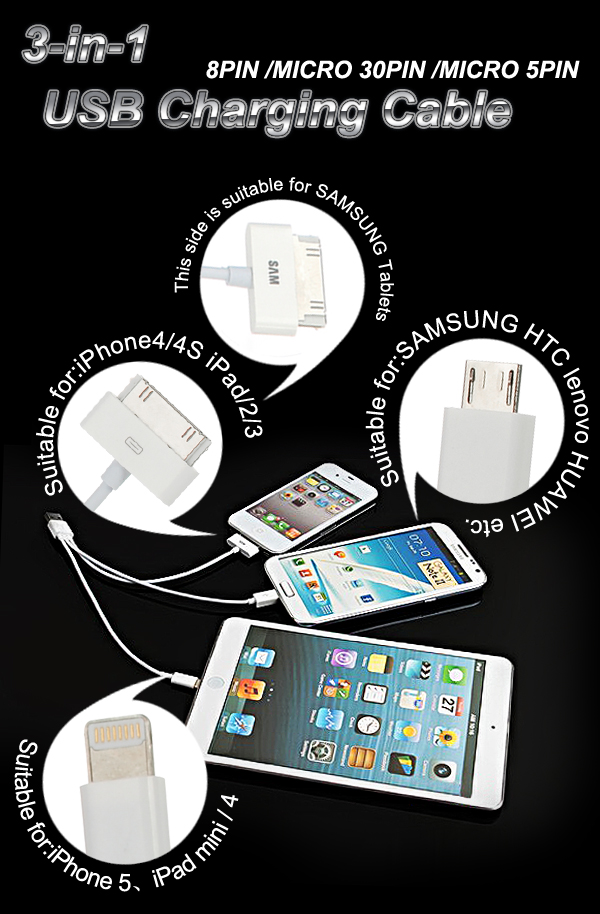 Micro USB 3 in 1 cho iPhone 5 iPad 4,mini,Samsung S2,HTC,Samsung Tab