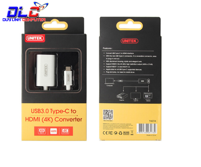 Cáp chuyển USB Type C sang HDMI (4K) Unitek Y-6316 cao cấp
