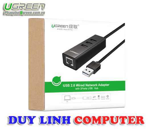 USB Lan tích hợp Hub USB 2.0 4 cổng Ugreen 30301, 30299 chính hãng