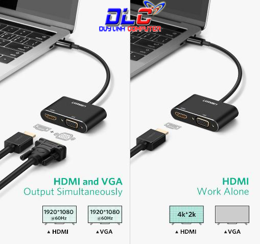 Cáp chuyển USB Type C To HDMI và VGA Chính hãng Ugreen 50318 vỏ nhôm
