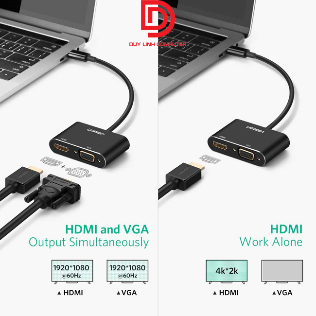 Cáp USB Type C to HDMI + VGA Ugreen 50505 hỗ trợ sạc Power Delivery chính hãng