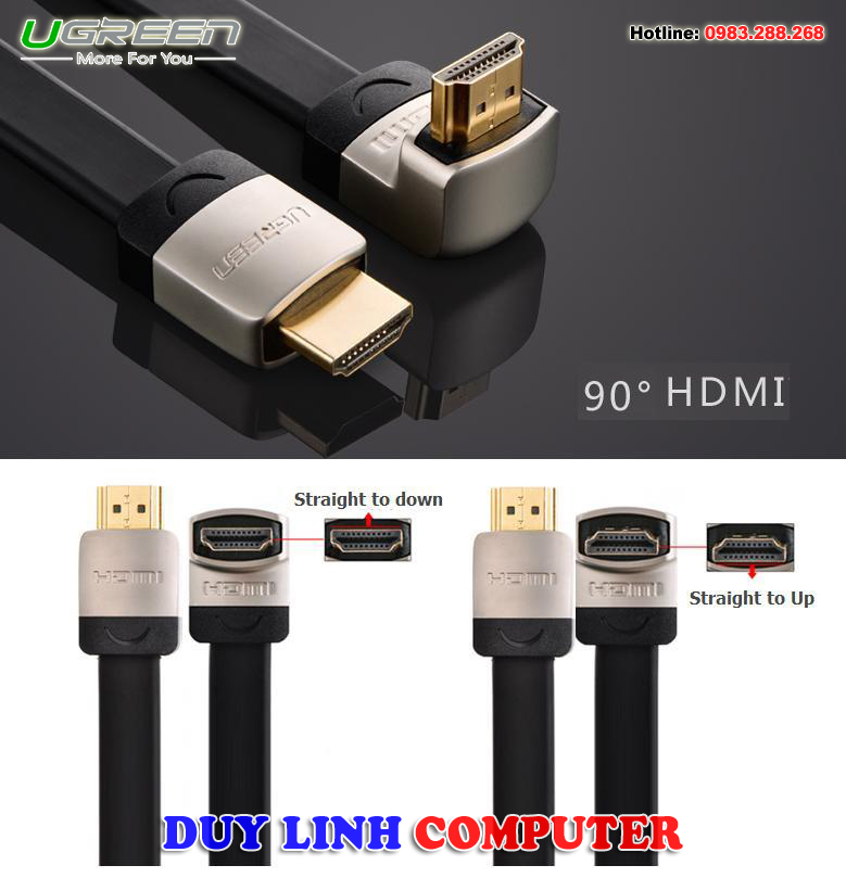 Cáp HDMI 2M dẹt nghiêng góc 90 độ chính hãng Ugreen UG-10279 hỗ trợ 3D 4K