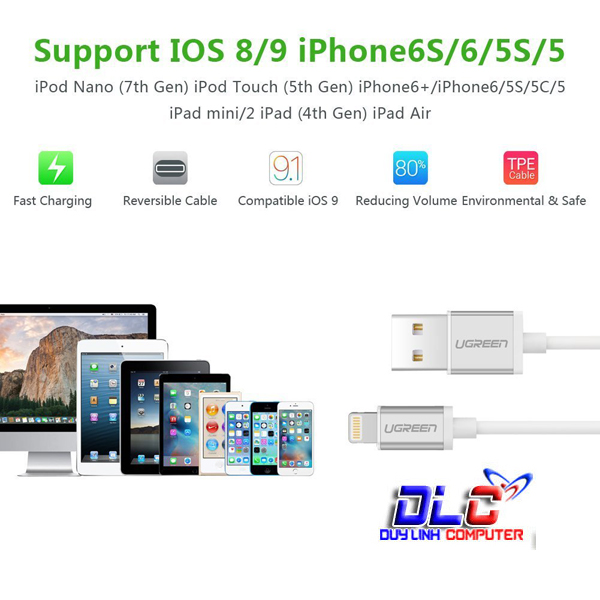 Dây sạc USB-Lightning 2M UGREEN US131 UG-10814 cho iphone 5/5C/5S/6/6plus/ipad mini (vỏ nhôm cao cấp)