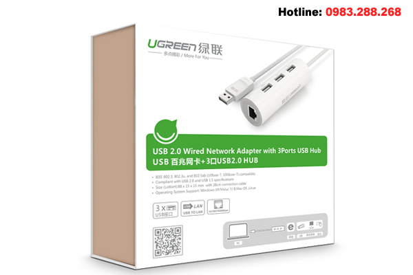 Cáp chuyển USB 2.0 to Lan 10/100Mbps tích hợp 3 cổng USB 2.0 Ugreen 20268