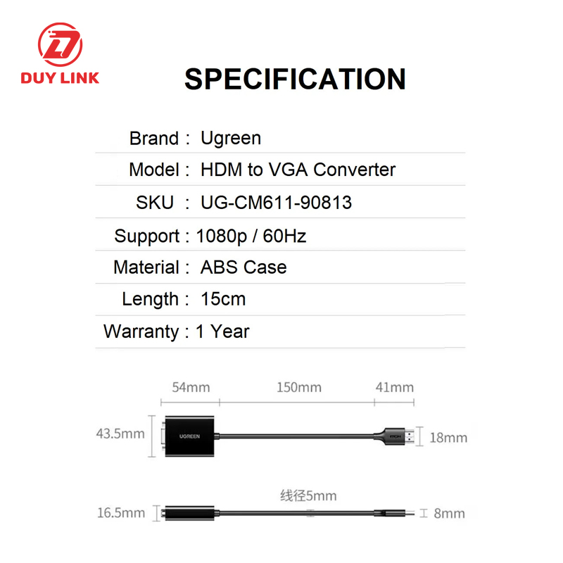 Cap chuyen doi HDMI sang VGA dai 20cm 1080p60hz Ugreen 90813 CM611 4