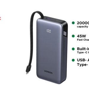 Sạc dự phòng PD 45W Nexode 20000mAh 3 cổng có cáp USB-C liền Ugreen 55988B chính hãng